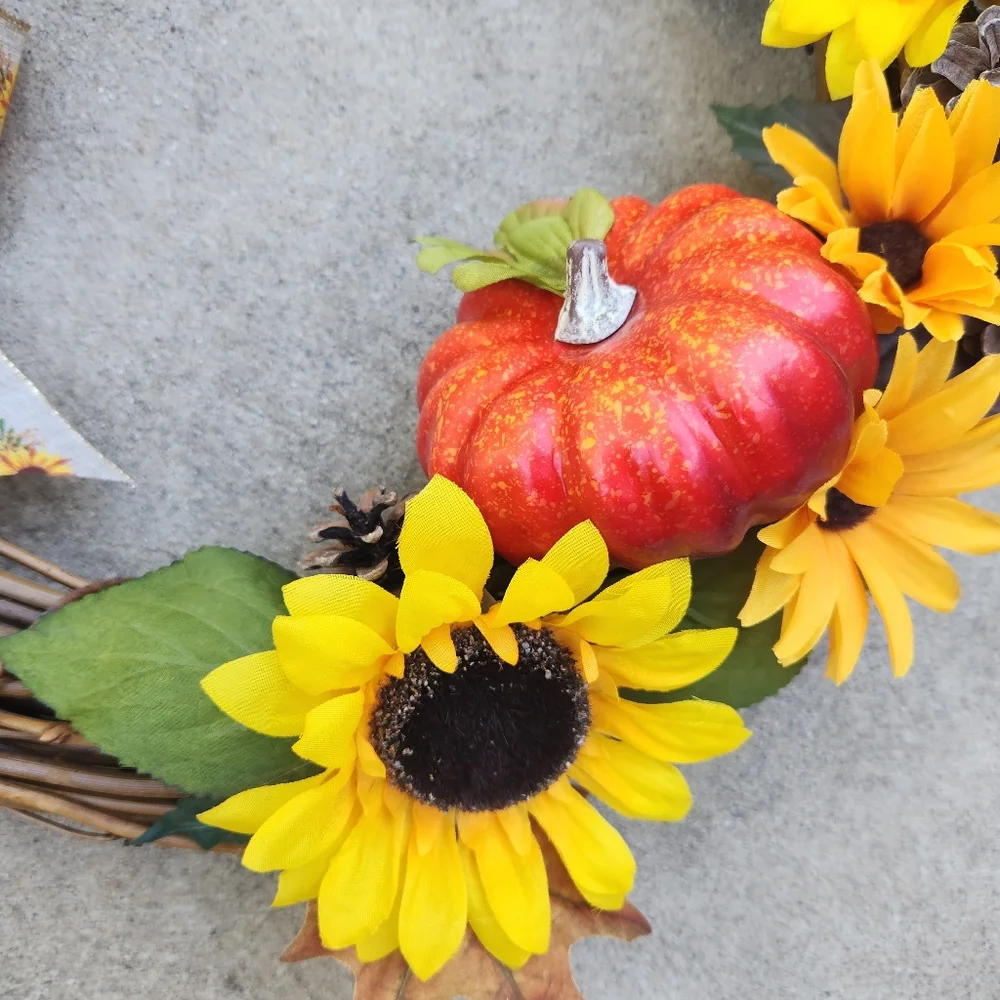 Handmade Autumn Grapevine Wreath with Sunflowers and Pumpkin